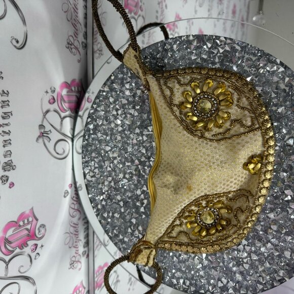 Bag Folded Handmade India-Gold Sequin Beads/Rhinestones/Wristlet/Purse/Bag round - Picture 12 of 12